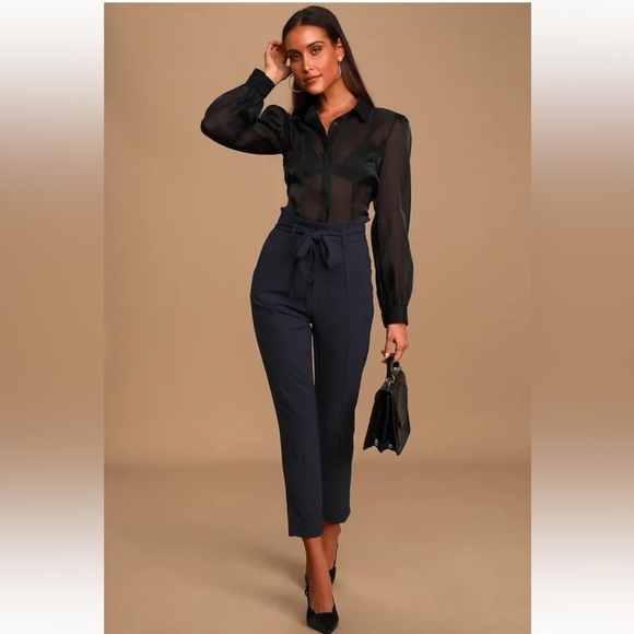 Lulus Set Your Goals Navy Blue Paper Bag Waist Pants - Picture 1 of 4